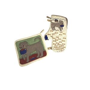 Vintage Taylor & Ng Oven Mitt Pot Holder Set Dog Motif 1981 Quilted Kitchen